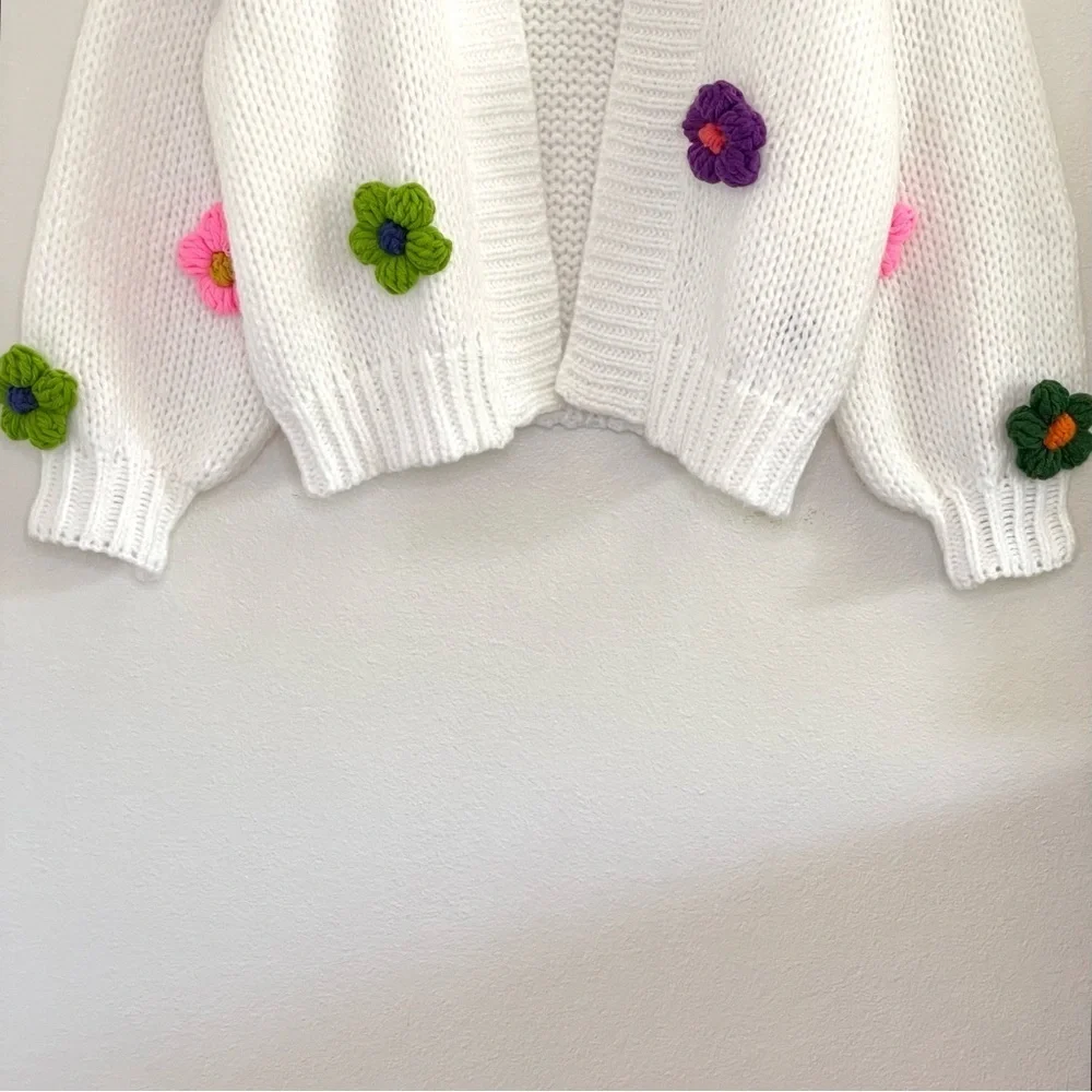Anthropologie Maeve Susannah 3D Flower Cardigan Open Front Knit Sweater White OS